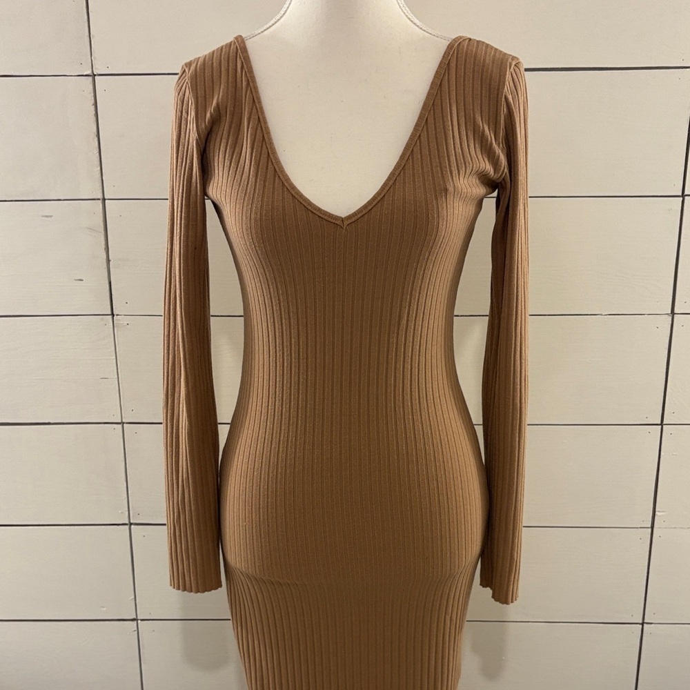Elegant Tan Ribbed Knit Dress